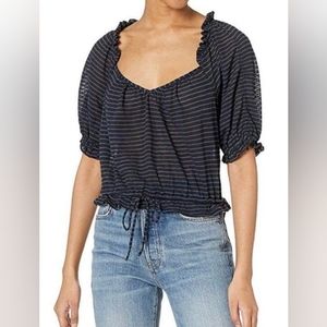 Free People Dorothy Black Sheer Stripe Pull Sleeve Ruched Top NEW